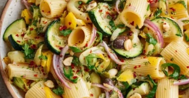 Sommerlicher Nudelsalat mit Zucchini auf einem weißen Teller