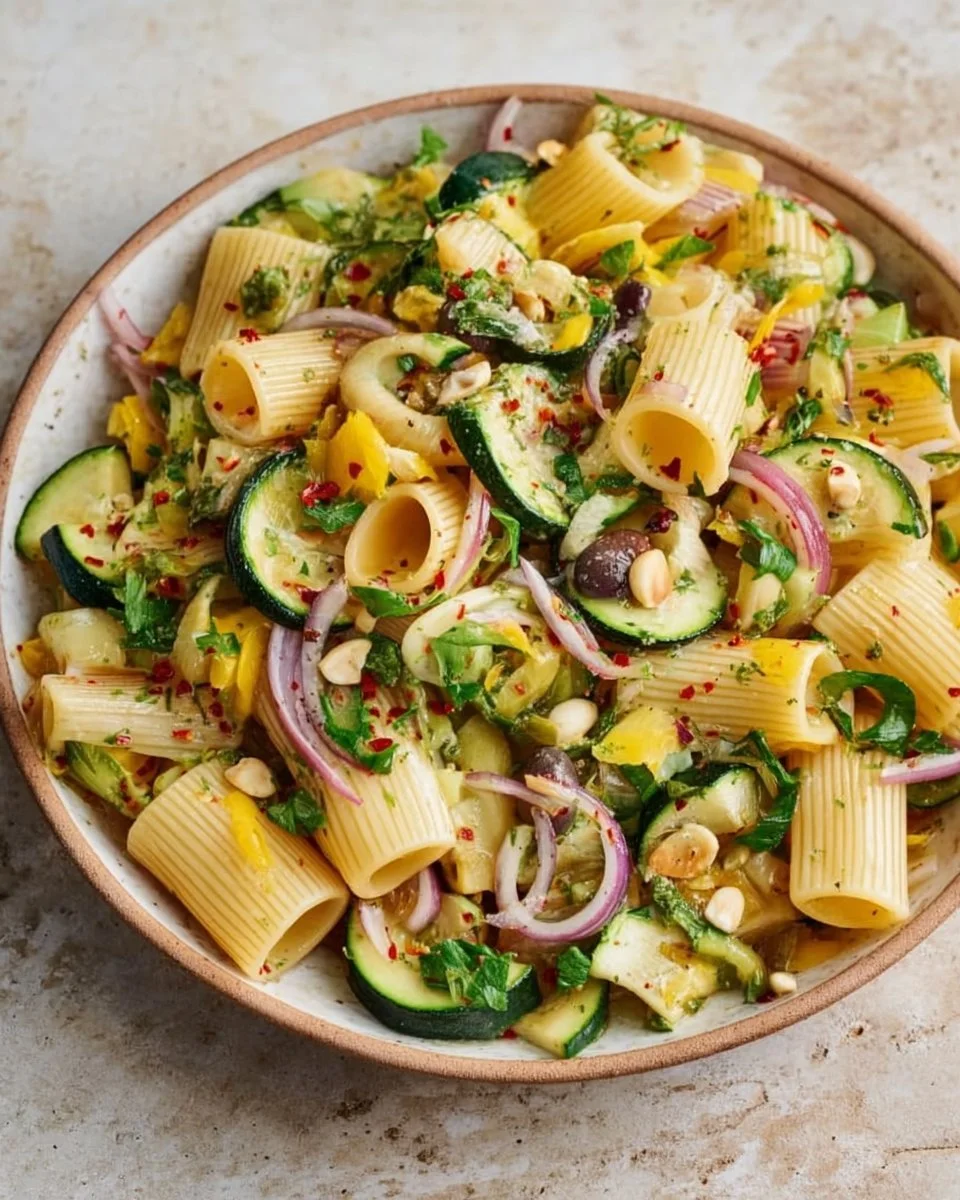 Sommerlicher Nudelsalat mit Zucchini auf einem weißen Teller