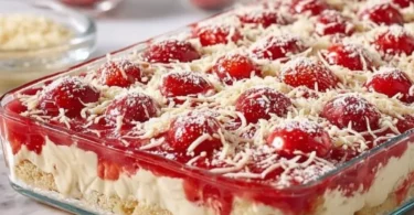 Leckerer Spaghettieis-Blechkuchen mit Sahne und Fruchtsoße.