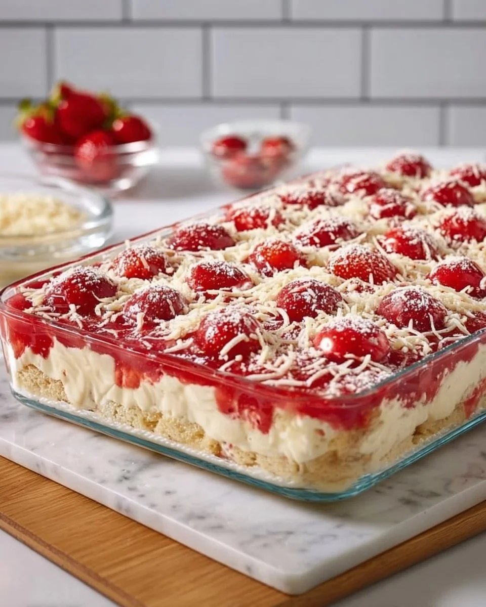 Leckerer Spaghettieis-Blechkuchen mit Sahne und Fruchtsoße.