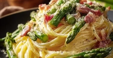 Spargel Carbonara mit frischem Spargel und cremiger Sauce auf einem Teller