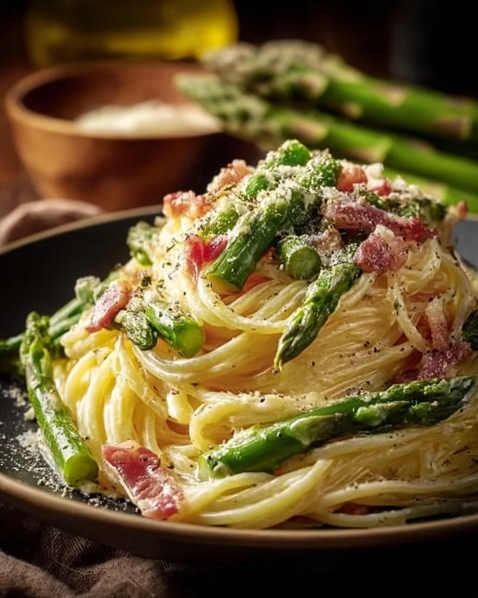 Spargel Carbonara mit frischem Spargel und cremiger Sauce auf einem Teller