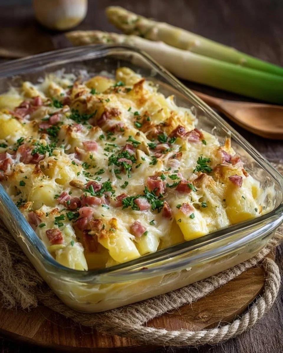 Spargelauflauf mit Schinken und Kartoffeln