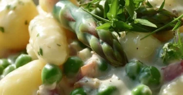 Spargelragout mit Schinken auf einem Teller serviert, frische Zutaten
