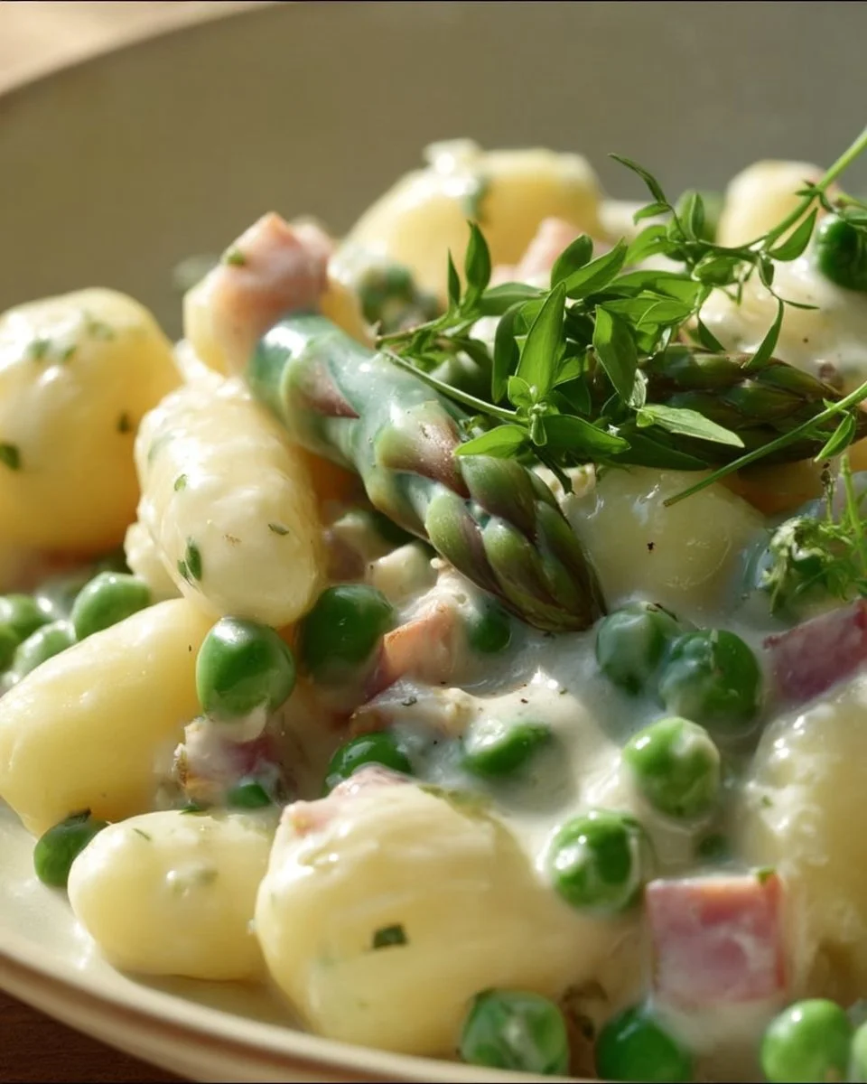 Spargelragout mit Schinken auf einem Teller serviert, frische Zutaten