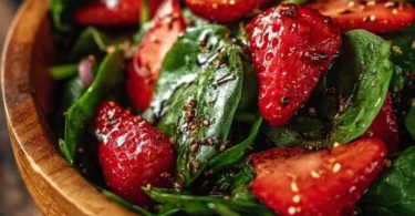 Frischer Spinat- und Erdbeersalat mit Balsamico-Dressing auf einem Teller