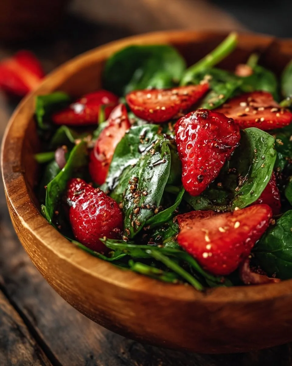 Frischer Spinat- und Erdbeersalat mit Balsamico-Dressing auf einem Teller
