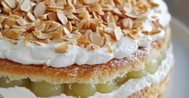Leckere Stachelbeer-Baiser-Torte mit frischen Beeren und Baiserspitzen