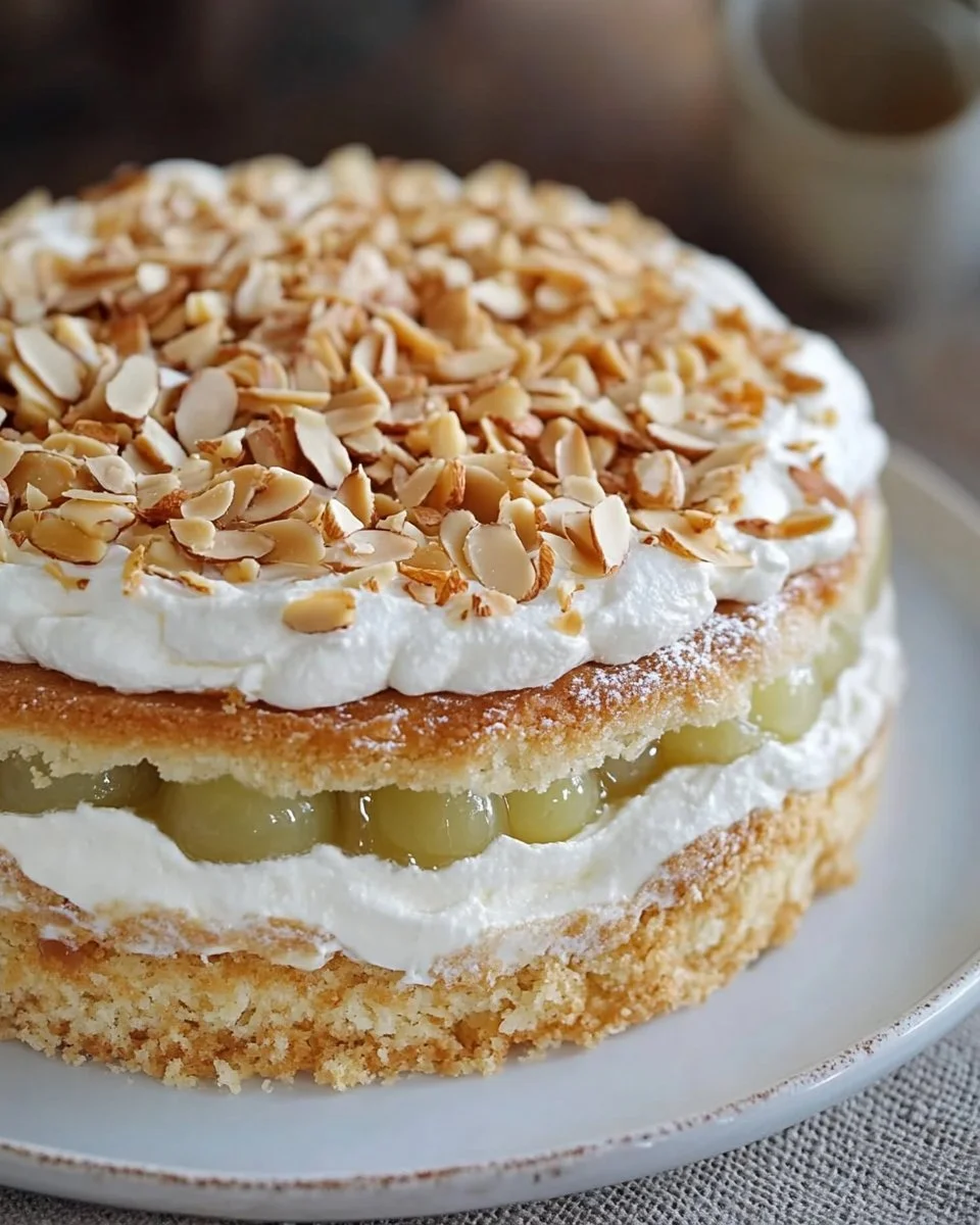 Leckere Stachelbeer-Baiser-Torte mit frischen Beeren und Baiserspitzen