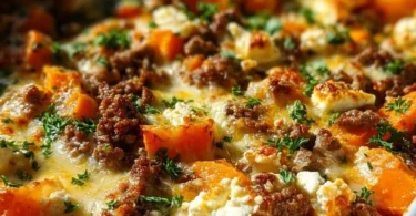 Süßkartoffelauflauf mit Hackfleisch und Feta auf einem Teller serviert