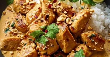 Serviertes Gericht Thai-Erdnuss-Hühnchen mit Erdnusssauce und Gemüse