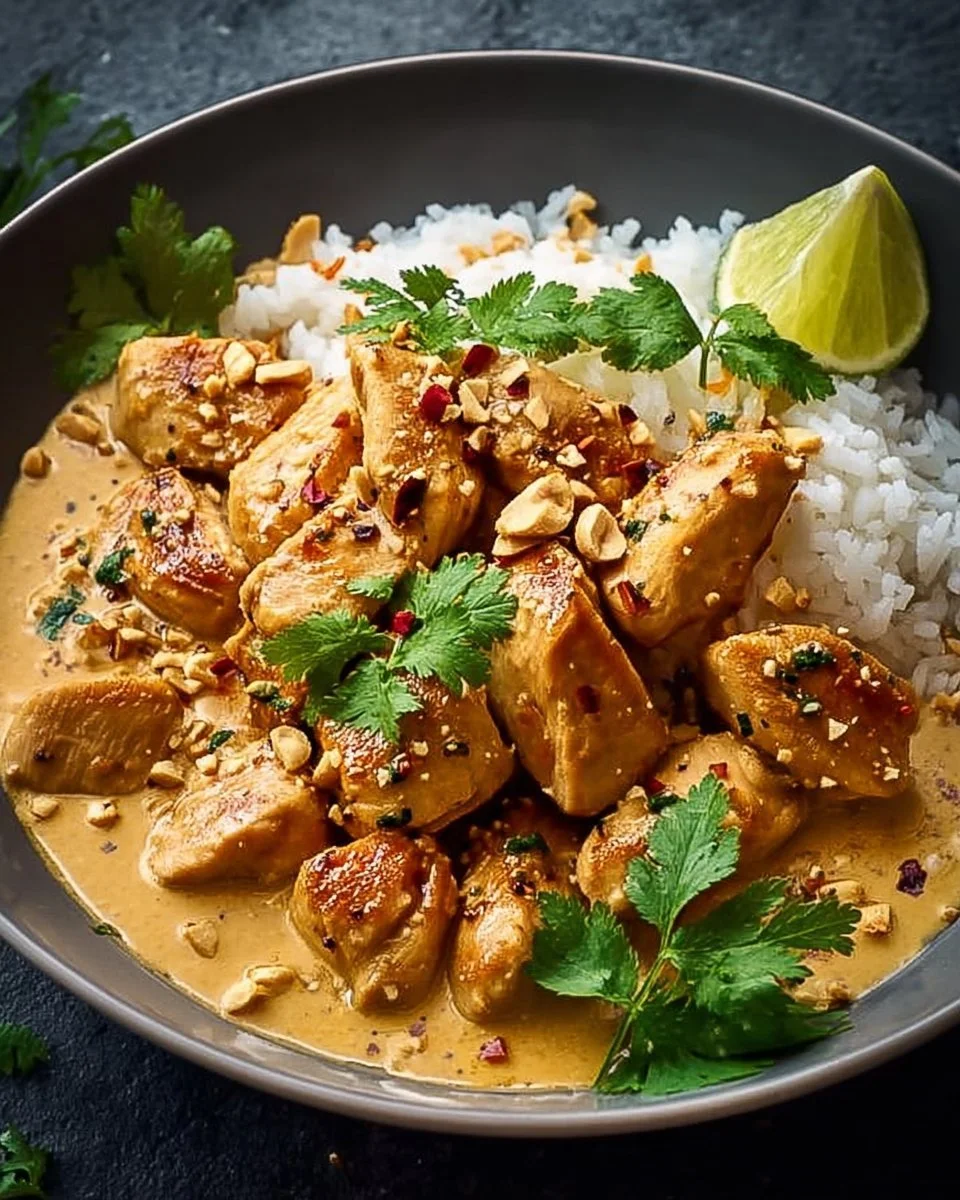 Serviertes Gericht Thai-Erdnuss-Hühnchen mit Erdnusssauce und Gemüse