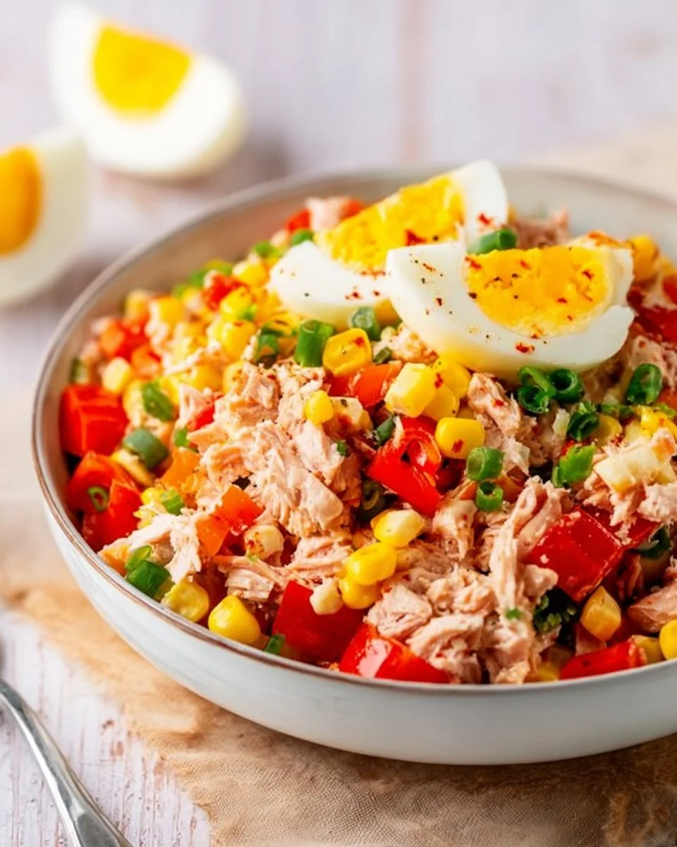 Thunfisch-Salat mit Eiern, Mais und Paprika auf einem Teller angerichtet.