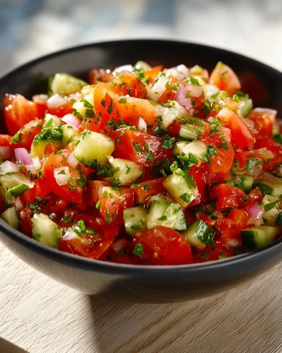 Erfrischender Tomatensalat mit Gurken und frischen Kräutern