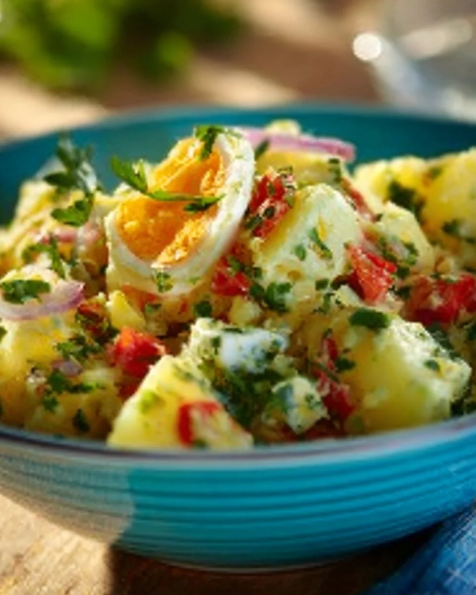 Türkischer Kartoffelsalat mit frischen Zutaten und aromatischen Gewürzen.