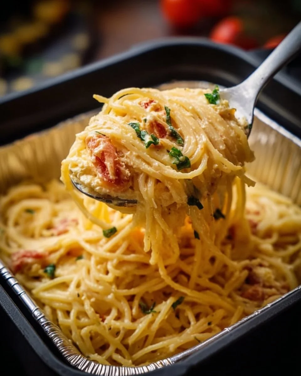 Überbackene Feta-Pasta im Ofen mit frischen Kräutern und Tomaten.