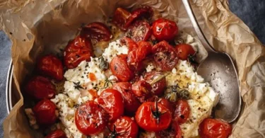 Überbackener Feta mit Tomaten und Zwiebeln, zubereitet im Airfryer