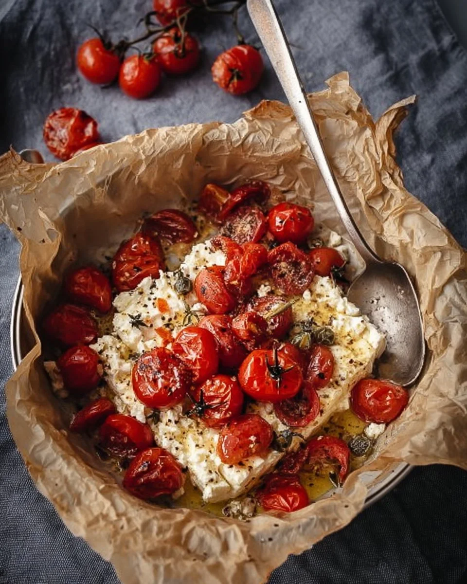 Überbackener Feta mit Tomaten und Zwiebeln, zubereitet im Airfryer