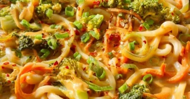 Udon Nudeln mit Erdnusssauce und buntem Gemüse auf einem Teller
