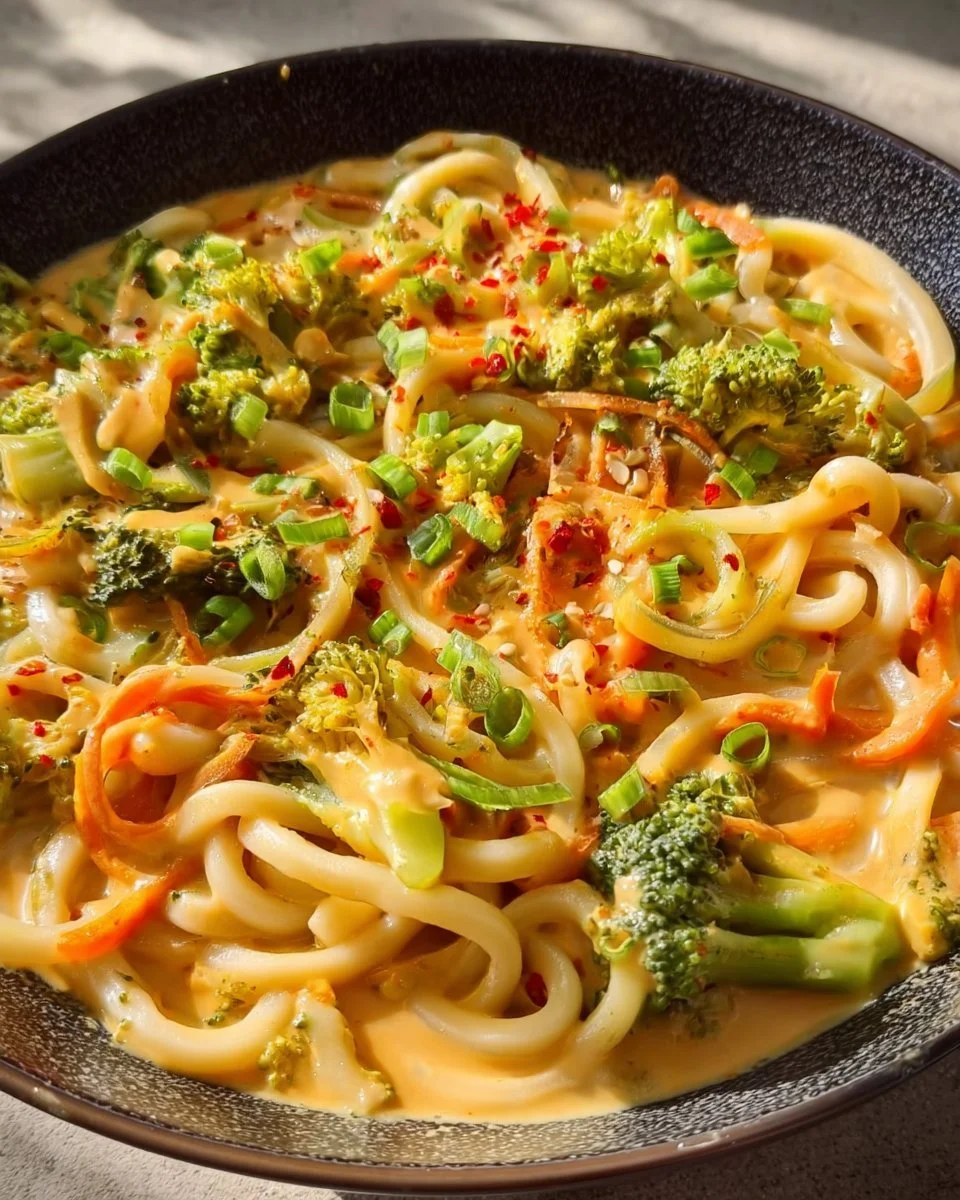 Udon Nudeln mit Erdnusssauce und buntem Gemüse auf einem Teller