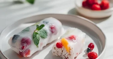 Vegan Sweet Summer Rolls with Coconut Rice auf einem Teller serviert