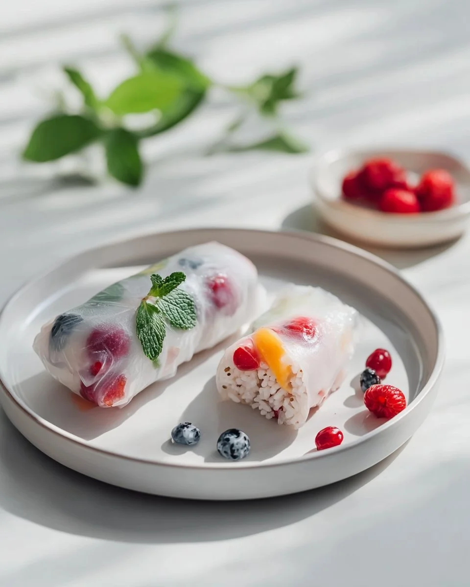 Vegan Sweet Summer Rolls with Coconut Rice auf einem Teller serviert