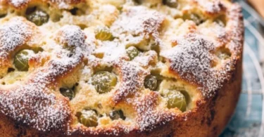 Versunkener Stachelbeerkuchen mit frischen Stachelbeeren auf einem Teller