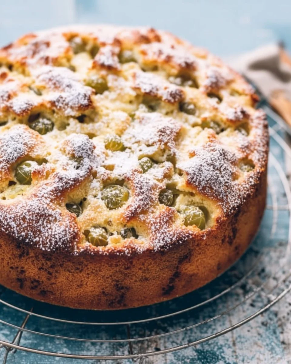 Versunkener Stachelbeerkuchen mit frischen Stachelbeeren auf einem Teller