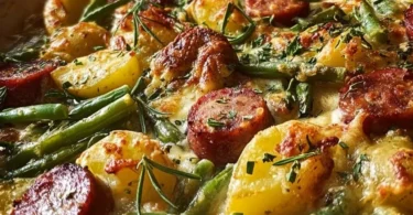 Wurst Bohne Kartoffel Auflauf serviert in einer Auflaufform