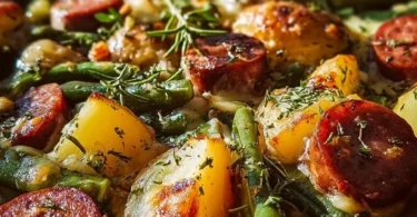 Köstlicher Wurst Auflauf mit Bohnen und Kartoffeln auf einem Teller serviert