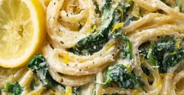Zitronen-Ricotta-Pasta mit Spinat auf einem Teller angerichtet.