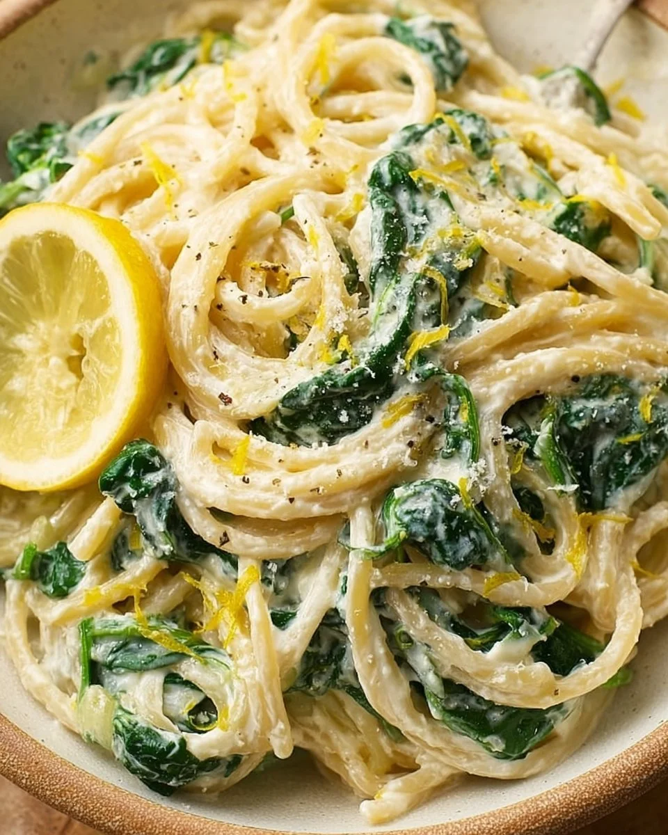 Zitronen-Ricotta-Pasta mit Spinat auf einem Teller angerichtet.