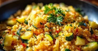 Zucchini-Reis-Pfanne mit buntem Gemüse in einer Pfanne