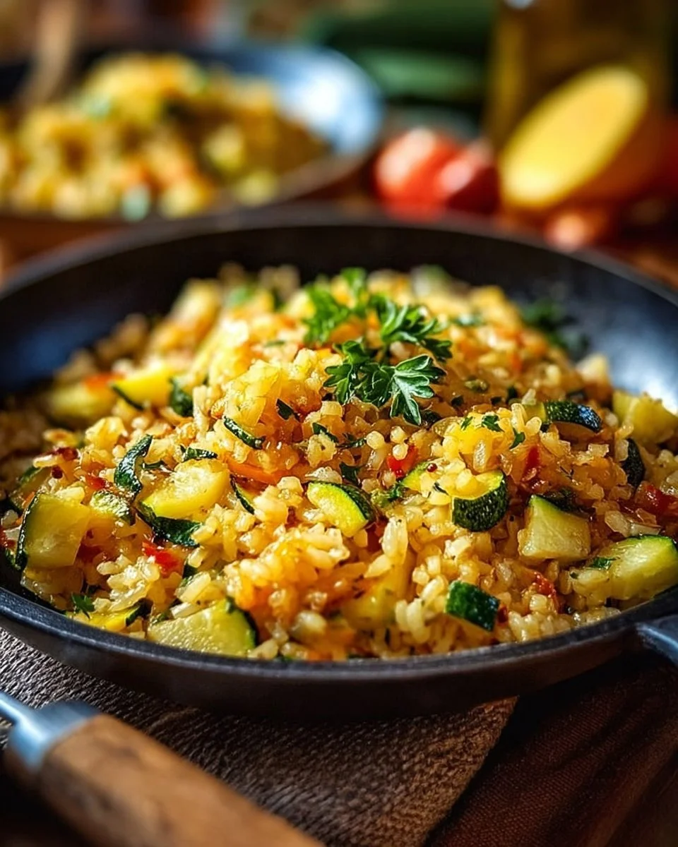 Zucchini-Reis-Pfanne mit buntem Gemüse in einer Pfanne