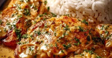 Zwiebel-Sahne-Hähnchen Gericht in einer Pfanne zubereitet.